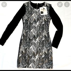 MINKPINK NWT Black and Cream Mini Dress with Mesh Long Sleeves